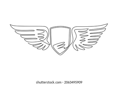 Single one line drawing winged shield logo. Flying shield with wings in the sky. Modern professional metal wings shield template logo design. Continuous line draw design graphic vector illustration