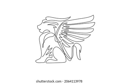 Single one line drawing winged lion logos, fantasy creatures, fantasy beasts, mythical creatures, griffin, premium business template. Modern continuous line draw design graphic vector illustration