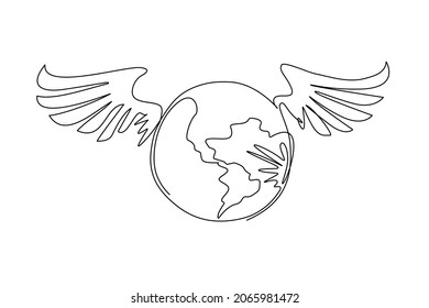 Single one line drawing winged globe world with logo. Travel sign. Stylized earth with wings symbol. Design element. Inspiration and encouragement concept. Continuous line draw design graphic vector