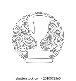 Single one line drawing winner's trophy icon. Golden trophy vector is symbol of victory in sports event. Swirl curl circle background style. Continuous line draw design graphic vector illustration