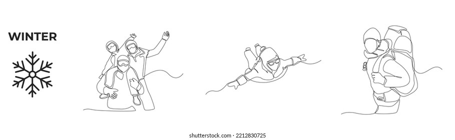 Single one line drawing winter activities and sport set. Happy friends with winter clothes, Man flying and man in full ski costume in winter. Continuous line draw design graphic vector illustration.