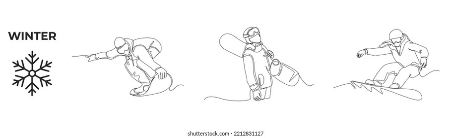 Single one line drawing winter activities and sport set. Happy young boy with snowboarders in winter. Man wearing outfit riding snowboard. Continuous line draw design graphic vector illustration.