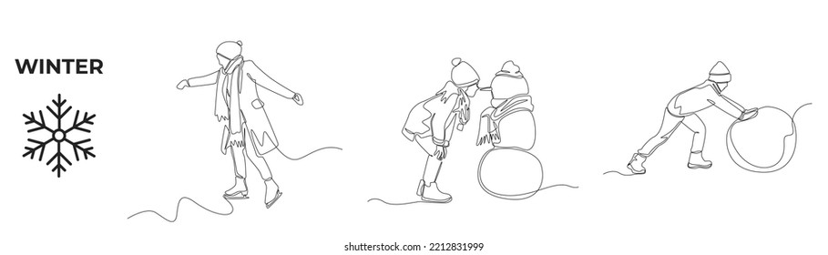 Single one line drawing winter activities and sport set. Happy man with winter clothes, Young boy with snowman and rolling snowball in winter. Continuous line draw design graphic vector illustration.