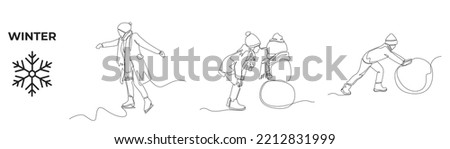 Single one line drawing winter activities and sport set. Happy man with winter clothes, Young boy with snowman and rolling snowball in winter. Continuous line draw design graphic vector illustration.