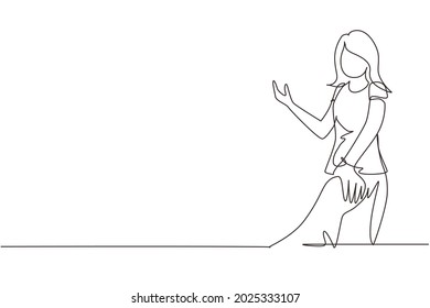 Single one line drawing woman walking on romantic honeymoon promenade holiday holding hand of husband following her, view from behind. Couple summer vacation travel. Continuous line draw design vector