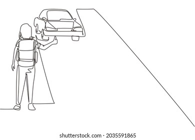 Single One Line Drawing Woman With Backpack Traveling By Auto Stop. Car, Thumb Up, Road. Vacation And Trip Concept For Banner, Website. Modern Continuous Line Draw Design Graphic Vector Illustration