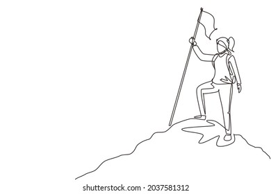 Single one line drawing woman climber standing on top of mountain with flag. Young smiling mountaineer climbing on rock. Adventure tourism trip. Continuous line draw design graphic vector illustration