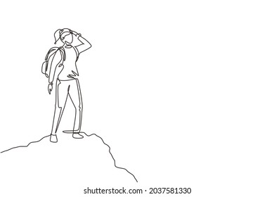 Single One Line Drawing Woman Hiker At Top Of Mountain Looking Into Distance. Adventure In Mountainous Terrain. Hiking, Adventure Tourism, Travel. Continuous Line Draw Design Vector Illustration