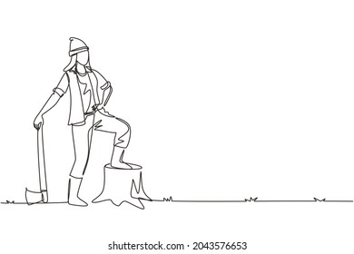 Single one line drawing woman lumberjack wearing plaid shirt, jeans, boots and beanie hat. Standing with ax and posing with one foot on a tree stump. Continuous line draw design vector illustration