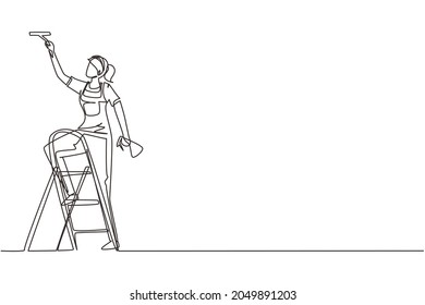 Single one line drawing woman cleaner standing on ladder, washing with wiper. Cleaning service, cleaning tools, washing sponge, house cleaning, housework. Continuous line design vector illustration