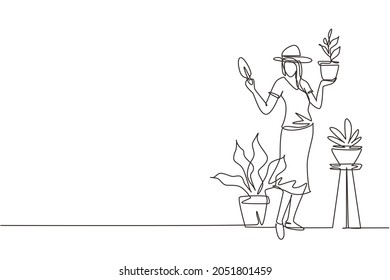 Single one line drawing woman gardener, florist working in botanical garden, home backyard, planting flower, holding little shovel. Rack, plant in pots. Continuous line draw design vector illustration