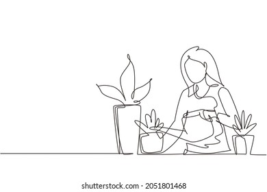 Single one line drawing woman watering houseplants at home. Home garden and house plants concept. Girl taking care of houseplants growing in planters. Continuous line draw design vector illustration