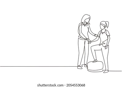 Single one line drawing woman therapist helping young female patient stepping up the stairs, medical rehabilitation, physical therapy activity. Continuous line draw design graphic vector illustration