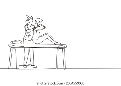 Single one line drawing woman sitting on massage table masseur doing healing treatment massaging injured patient manual physical therapy rehabilitation. Continuous line draw design vector illustration svg