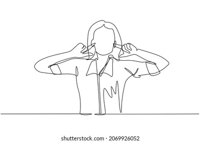 Single one line drawing woman covering ears with fingers with annoyed expression for noise of loud sound or music while eyes closed standing in white background. Continuous line draw design vector