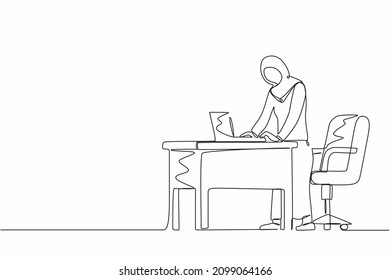 Single one line drawing woman employee working at ergonomic workstation. Office furniture with computer and laptop. Arab female standing on foot rest behind desk. Continuous line design graphic vector