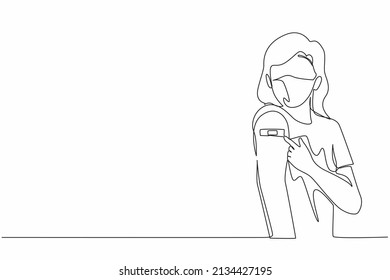 Single One Line Drawing Woman Showing Her Arm With Band Aid After Coronavirus Covid-19 Vaccine, Wearing Medical Mask. Vaccination, Fight Against Coronavirus. Continuous Line Draw Design Graphic Vector