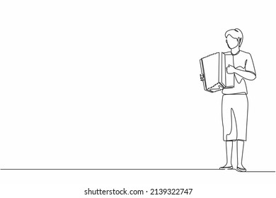 Single one line drawing woman musician playing accordion. Female performer plays acoustic musical instrument. Accordionist perform playing music instrument. Continuous line draw design graphic vector