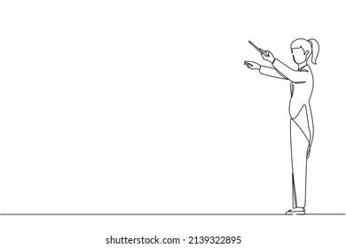 Single One Line Drawing Woman Music Conductor. Female Musician Perform On Stage Directing Symphony Orchestra. Classical Music Performance, Instrumental Ensemble. Continuous Line Design Graphic Vector