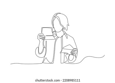 Single one line drawing woman read the gift letter. Giving season go concept. Continuous line draw design graphic vector illustration.