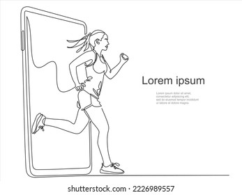 Single one line drawing woman runner out of smartphone screen. Online run game mobile app. Continuous line draw design graphic