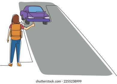 Single one line drawing woman with backpack traveling by auto stop. Car, thumb up, road. Vacation and trip concept for banner, website. Modern continuous line draw design graphic vector illustration