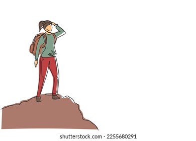 Single one line drawing woman hiker at top of mountain looking into distance. Adventure in mountainous terrain. Hiking, adventure tourism, travel. Continuous line draw design vector illustration