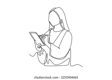 Mujer dibujante de una sola línea escribiendo notas en el tablet. Ilustración gráfica de vector de diseño de línea continua.