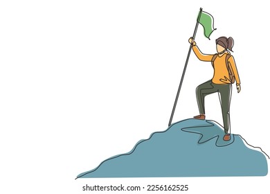 Single one line drawing woman climber standing on top of mountain with flag. Young smiling mountaineer climbing on rock. Adventure tourism trip. Continuous line draw design graphic vector illustration