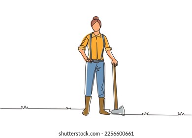 Single one line drawing woman lumberjack with axe standing wearing suspender shirt, jeans and boots. Female woodcutter pose on logging forest. Continuous line draw design graphic vector illustration