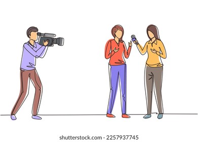 Single one line drawing woman journalist with microphone, interview man in front of camera at tv studio. Reporter, cameraman broadcast breaking news at live stream. Continuous line draw design vector