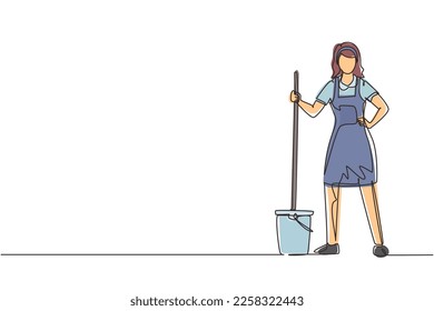 Single one line drawing woman with buckets and mops. Cleaning service. Female dressed in uniform with cleaning equipment. Professional cleaning staff. Continuous line draw design vector illustration