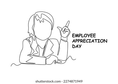 Single one line drawing of a woman sitting and opening forefinger and thumb. Employee appreciation day concept. Continuous line draw design graphic vector illustration.