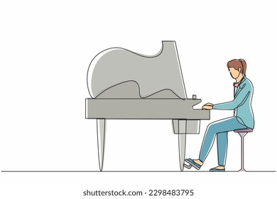 Single one line drawing woman plays piano. Female performer sits at musical instrument and plays jazz or blues. Professional musician. Person performs on stage. Continuous line design graphic vector