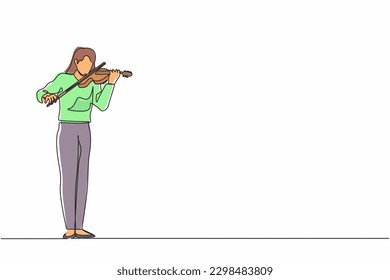 Single one line drawing woman musician playing violin. Classical music performer with musical instrument. Female musician playing violin at music festival. Continuous line design vector illustration