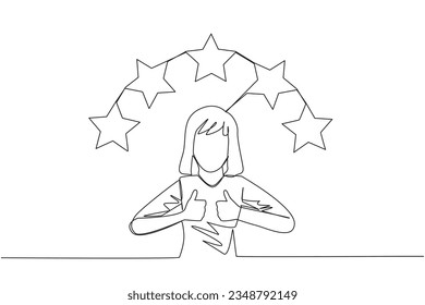 Single one line drawing woman giving two thumbs up, above head there are 5 stars forming semicircle. Exciting online shopping experience. Review 5 star. Continuous line design graphic illustration