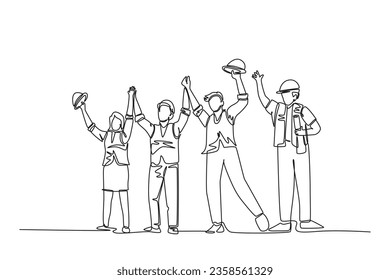 Single one line drawing woman architect and builder wearing construction vest fist their hands up the air to celebrate a project deal. Great teamwork. Continuous line draw design vector illustration