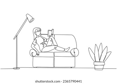 Single one line drawing woman sitting stretched out on the sofa reading a book. Really like the content of the book reading on each page. Very impressive. Continuous line design graphic illustration