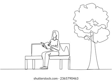 Single one line drawing woman sitting on park bench reading the book. Learn by re-reading the textbook. Read to get maximum marks. Reading increase insight. Continuous line design graphic illustration