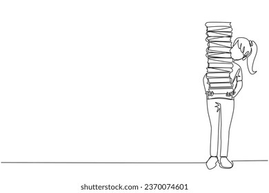 Single one line drawing woman carrying tall stack of books covering herself. Newly purchased book from bookstore. Read books one by one at home. Love read. Continuous line design graphic illustration
