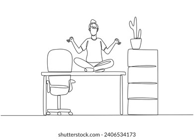 Single one line drawing woman sitting cross-legged on a work desk. Doing yoga movements at the office. For peace and quiet thinking. Overtime on weekend. Continuous line design graphic illustration