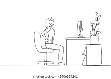 Single one line drawing woman sitting in work chair with hands holding her waist. Work while practicing breathing. Light exercise when overtime on weekends. Continuous line design graphic illustration