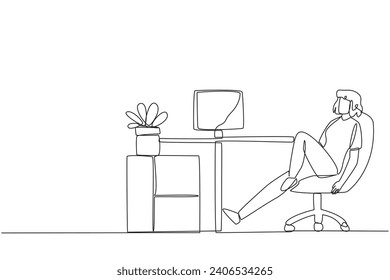 Single one line drawing woman sits in work chair with one of legs raised and folded. Do some warm-up movements. Eyes are tired and need to focus. Overtime. Continuous line design graphic illustration