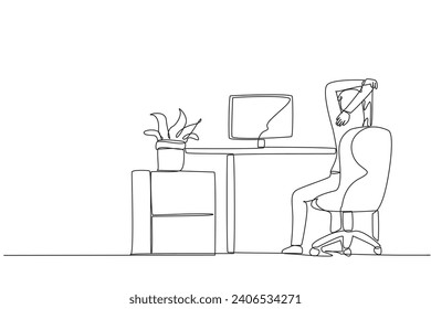 Single one line drawing woman sitting in work chair warming up her hands above her head. Relax itself. Stretch. Work can be more focused. Overtime. Hectic. Continuous line design graphic illustration