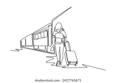 dibujo de una sola línea de mujer que viaja en tren. todo sobre la estación y la actividad del tren. Línea simple, actividad de tren.