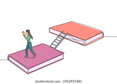 Single one line drawing woman walking reading on books. A book exhibition concept. Display many books, from scientific books to fiction story books. Book festival. Continuous line graphic illustration