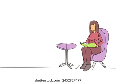 Single one line drawing woman sitting reading on sofa. Reading focus in the living room. Fun hobby. Relieve fatigue from daily activities. Book festival concept. Continuous line graphic illustration