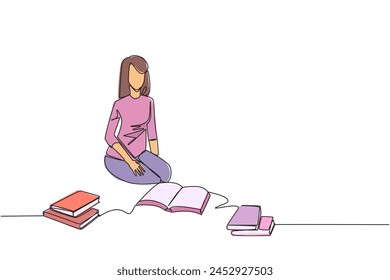 Single one line drawing woman reading the books happily. Good reading interest. Really enjoy reading story books. Reading everywhere. Book festival concept. Continuous line design graphic illustration