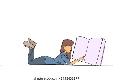 Single one line drawing woman lying on her stomach reading a big book. Enjoy reading books in a variety of styles. Reading increases insight. Love reading. Continuous line design graphic illustration