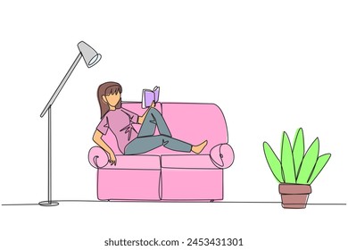 Single one line drawing woman sitting stretched out on the sofa reading a book. Really like the content of the book reading on each page. Very impressive. Continuous line design graphic illustration